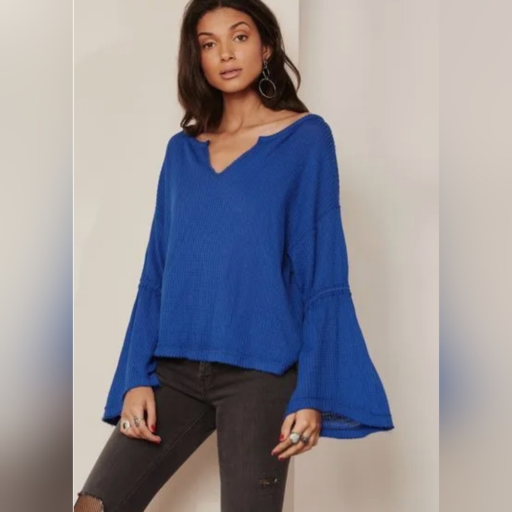 Free People Dahlia Top Womens Small SapphireThermal Knit Oversized Bell Sleeve